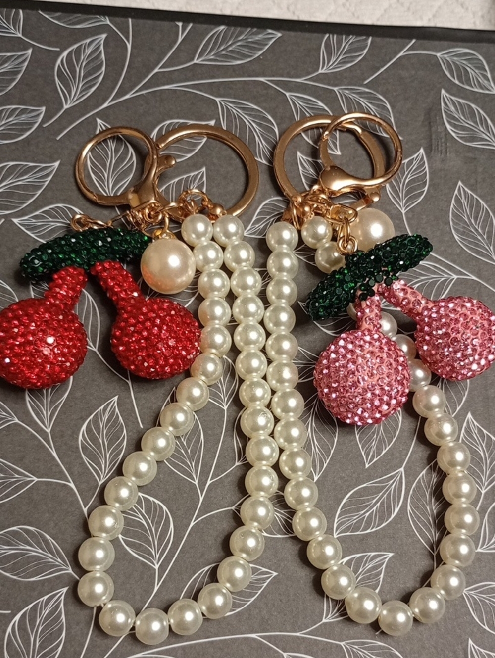 Crystal Red Cherry & Pink Cherry Pearl Wristlet Keychain - Red & Pink